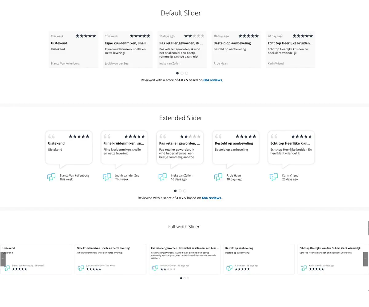 There are several sliders to display your Feedback Company reviews.
                            