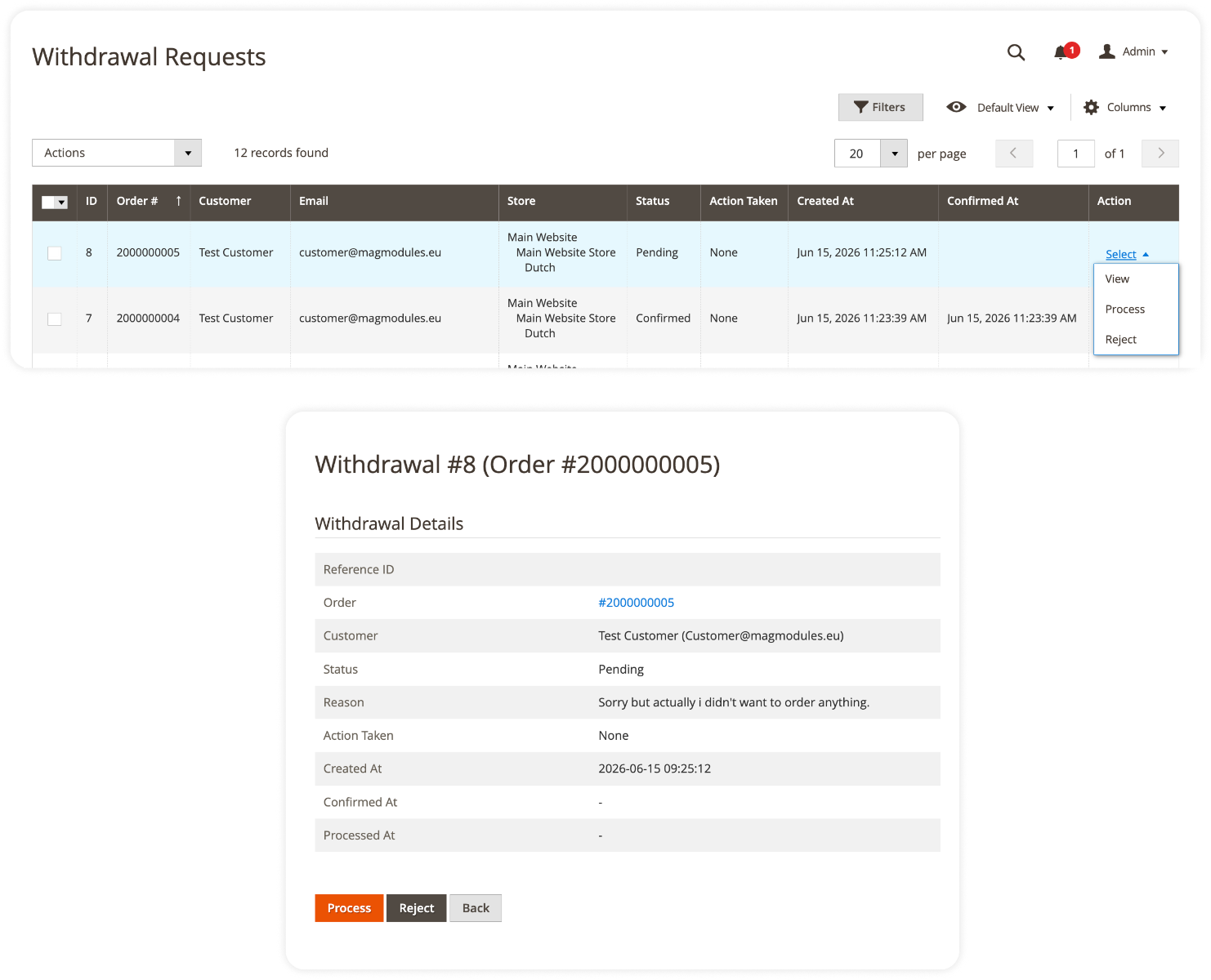 Magento 2 admin-grid voor herroepingsverzoeken