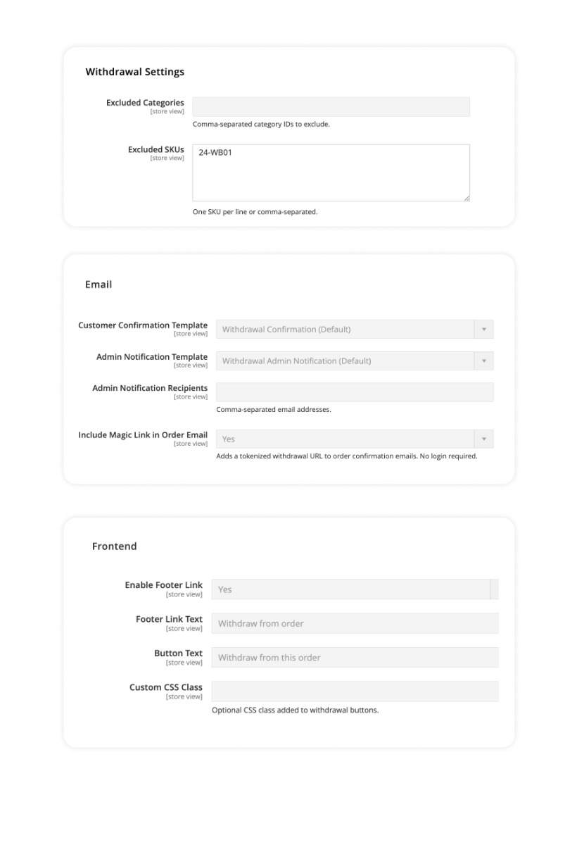 Magento 2 instellingen voor geschiktheid en uitsluiting van herroeping