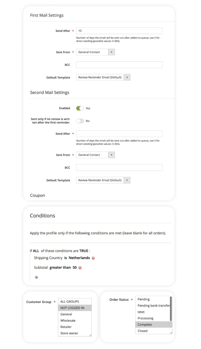 Magento 2 review reminder invitation profiles en condities