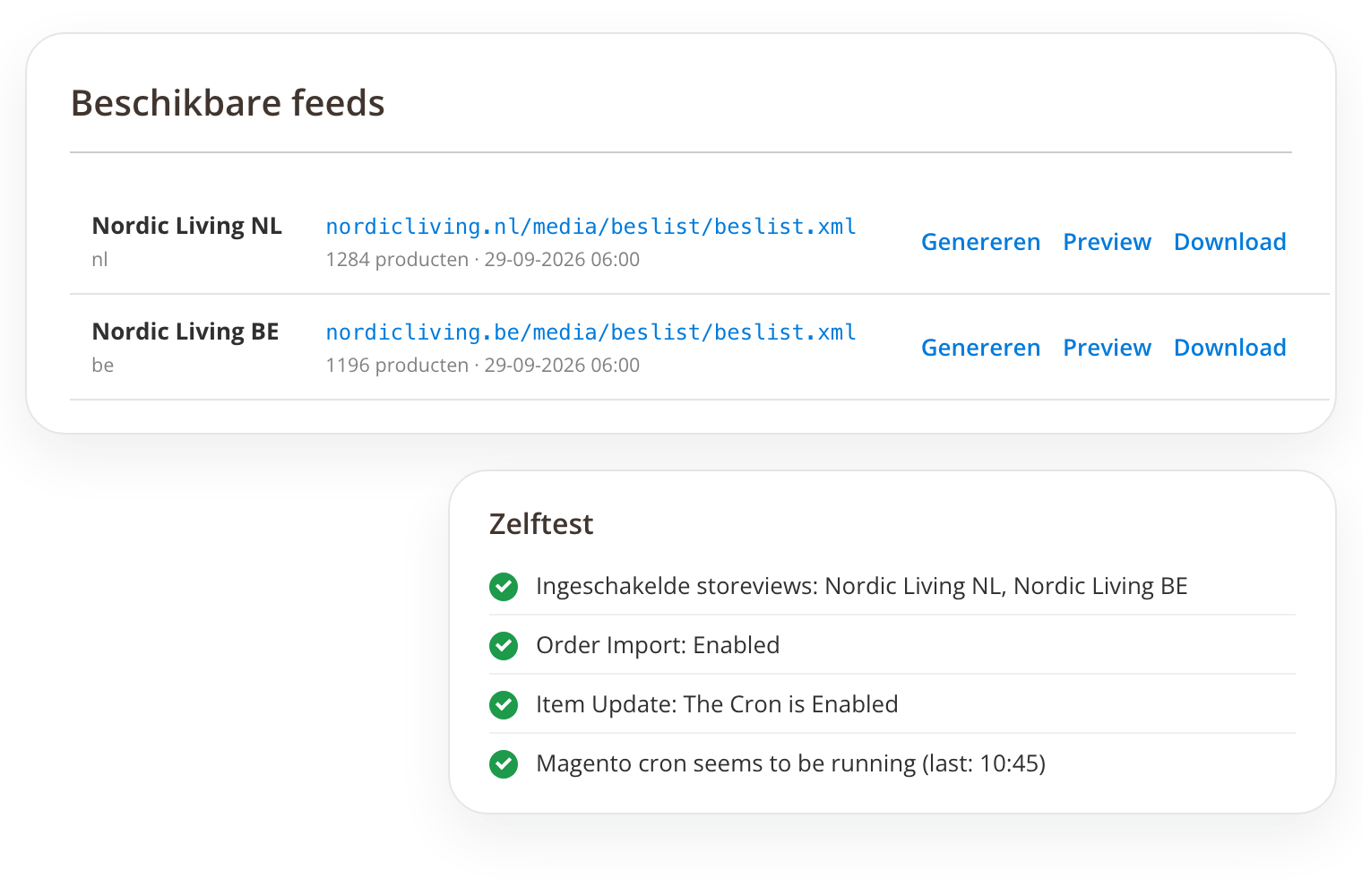 Beschikbare Beslist.nl-feeds en zelftest in de Magento-admin