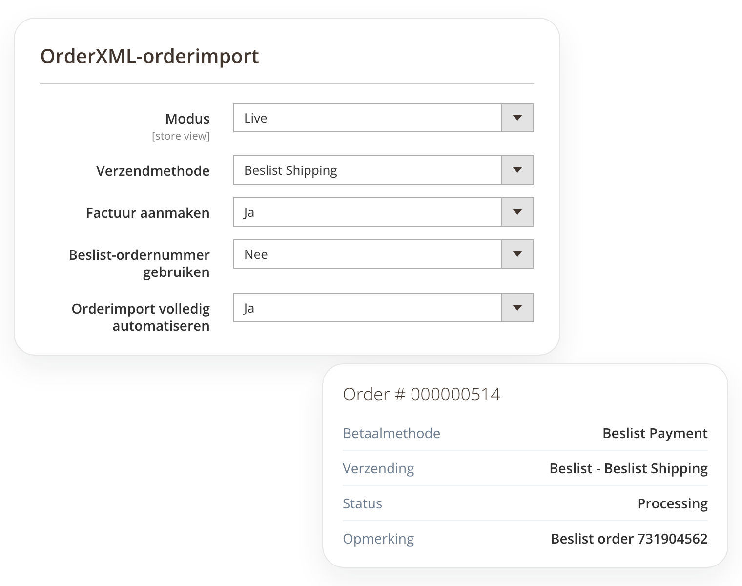 OrderXML-importinstellingen van Beslist.nl en de Magento-order die eruit komt