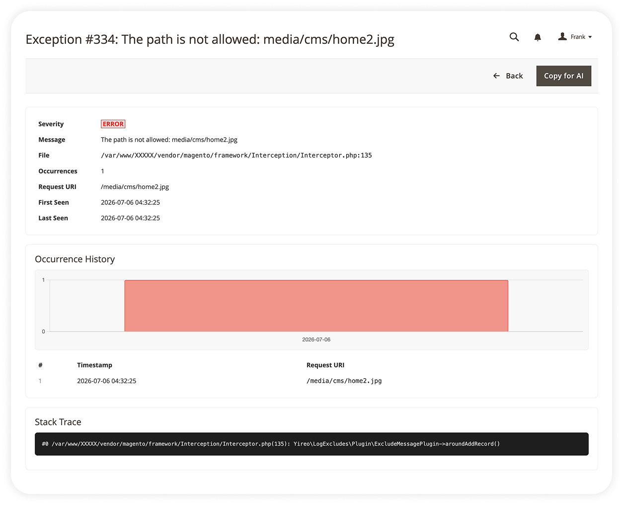 Magento 2 Exception Monitor admin-grid