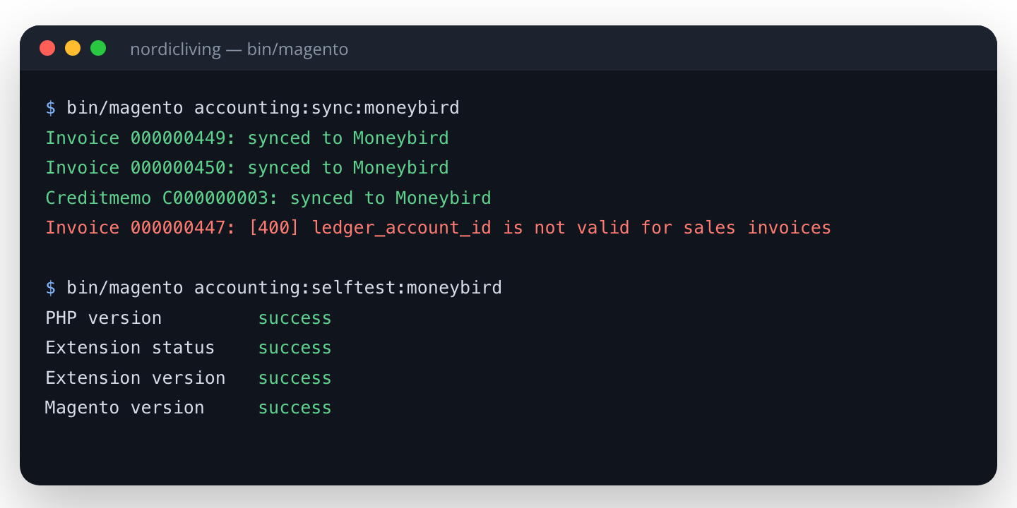 Moneybird-synchronisatie en zelftest in de Magento CLI