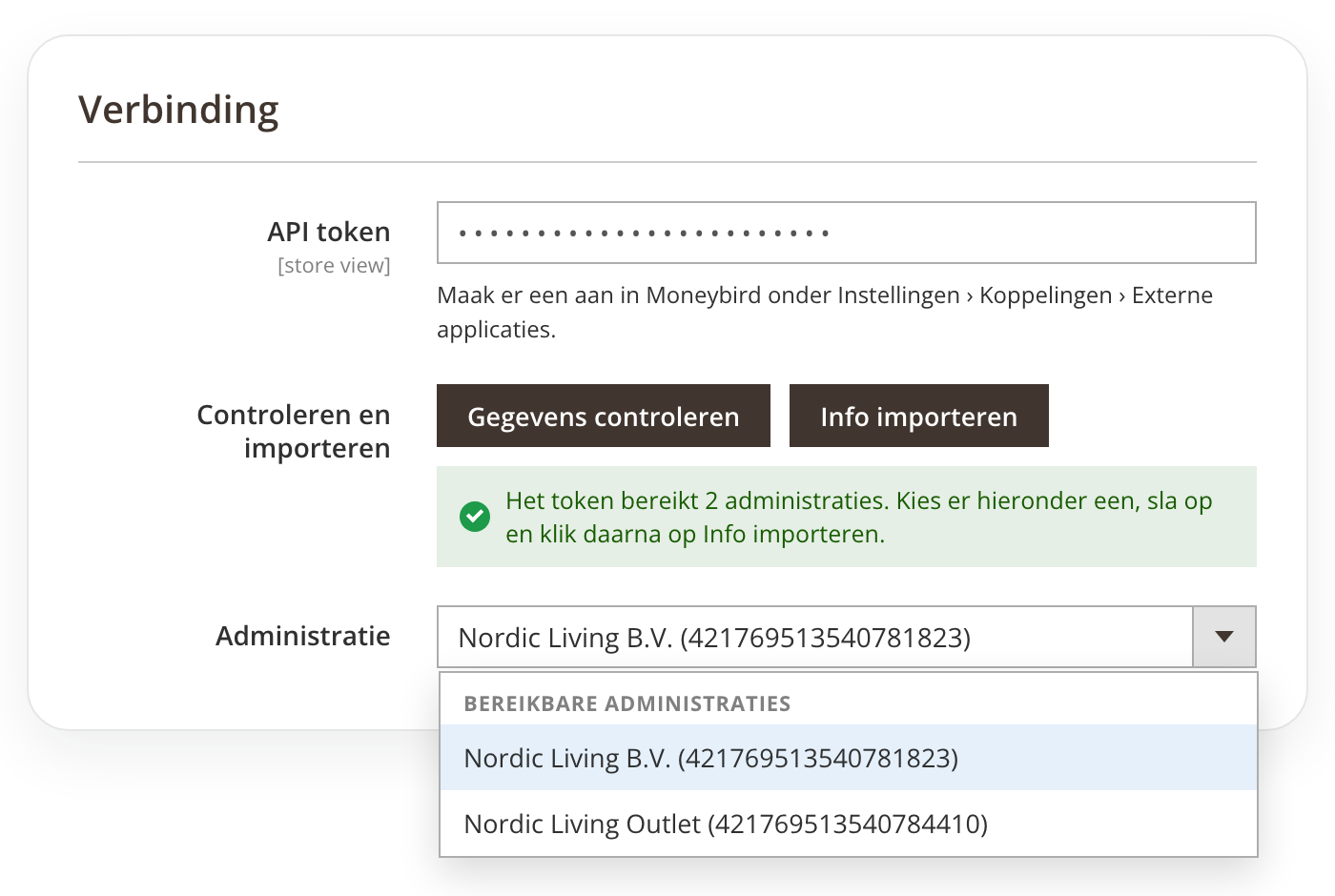 Moneybird-verbindingsinstellingen in de Magento 2-admin