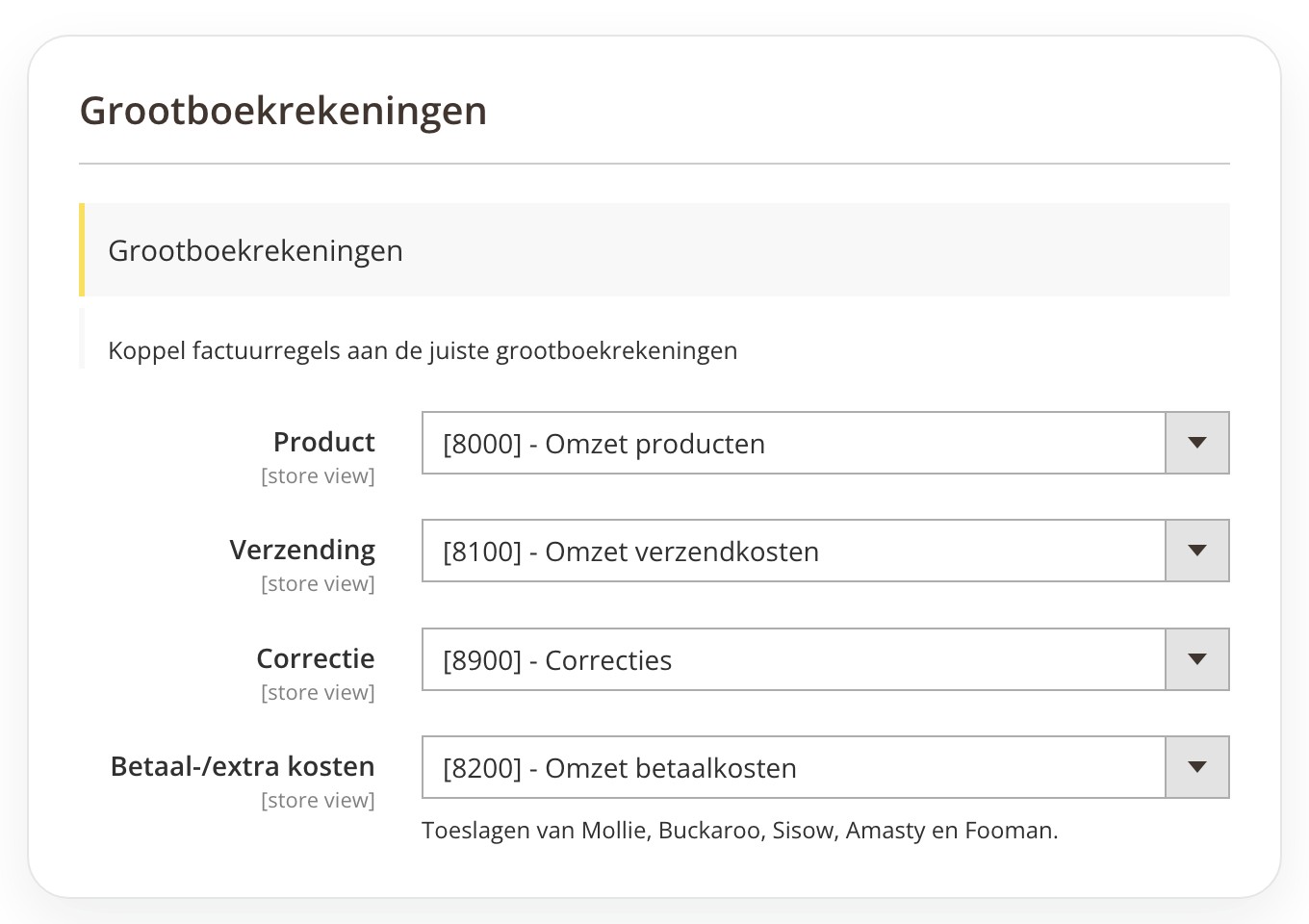 Grootboekinstellingen van de Moneybird koppeling