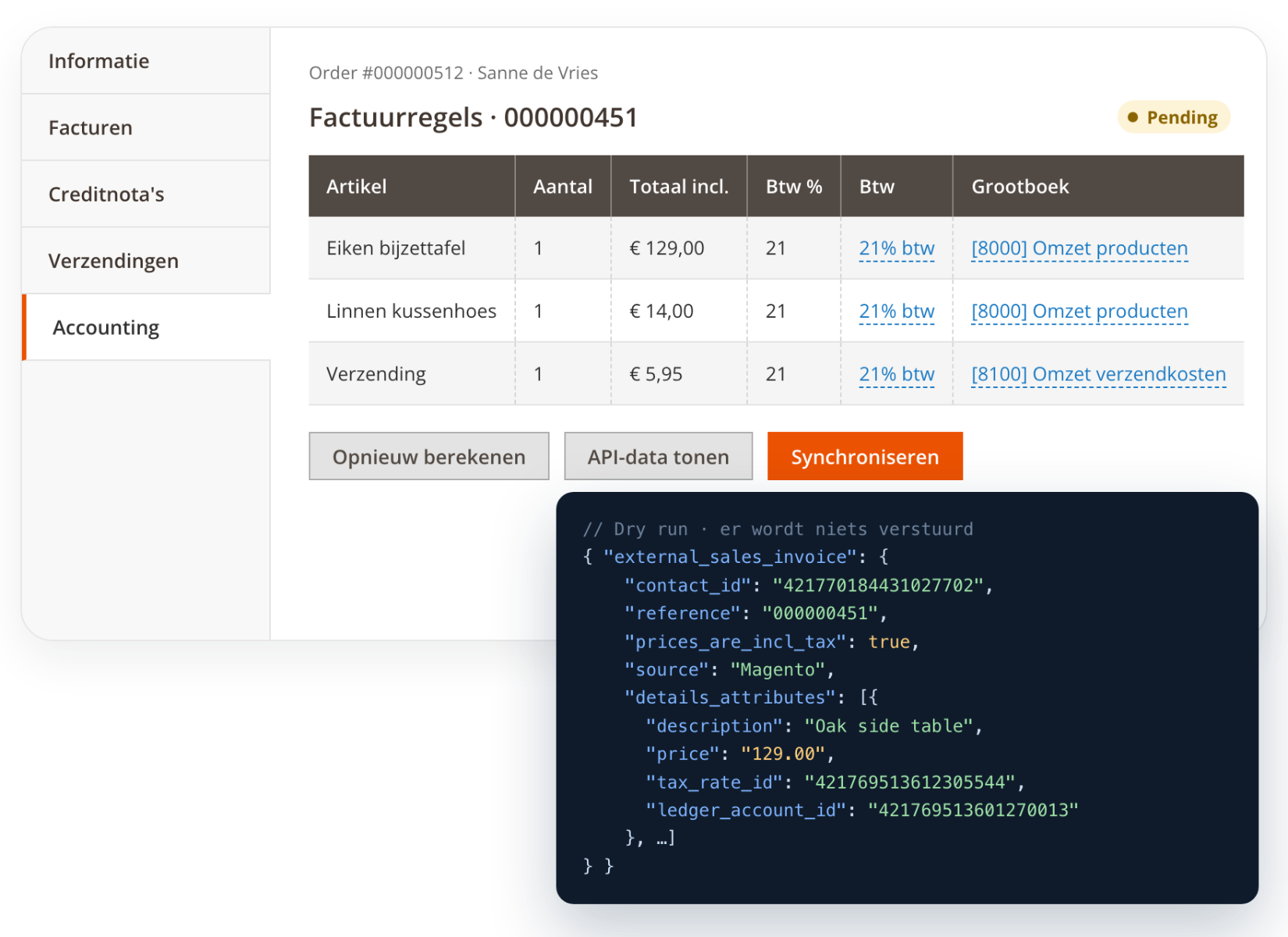 Tab Accounting met factuurregels en een dry run in een Magento-order