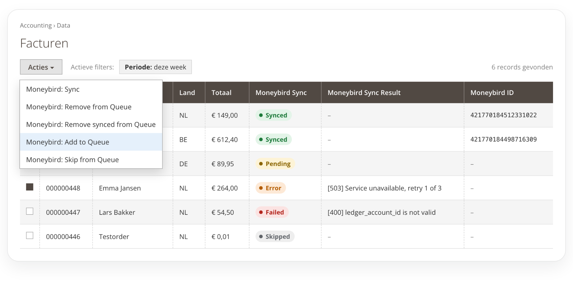 Moneybird-factuurwachtrij met synchronisatiestatus in Magento 2