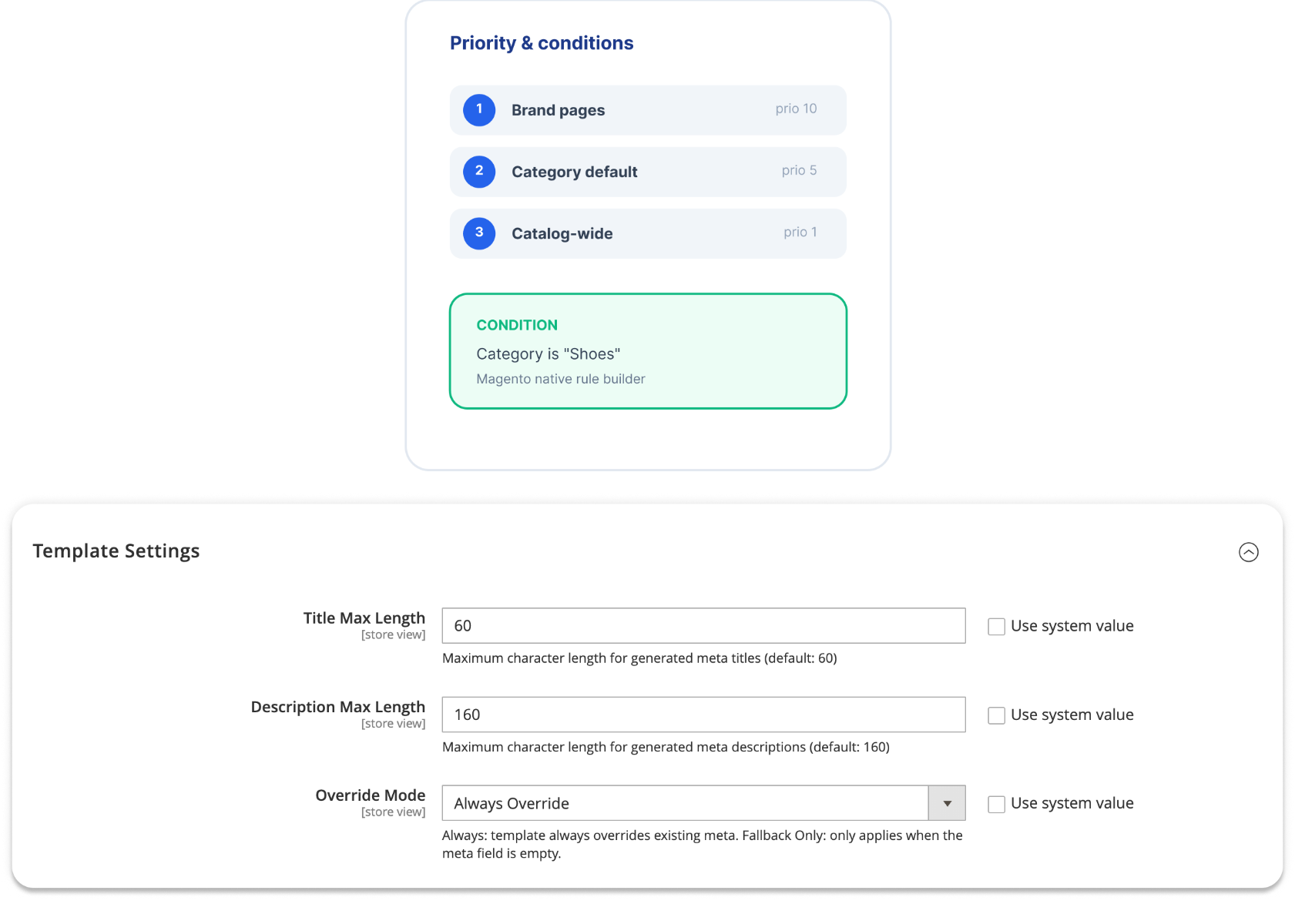 Magento 2 meta-template override-modus en prioriteit