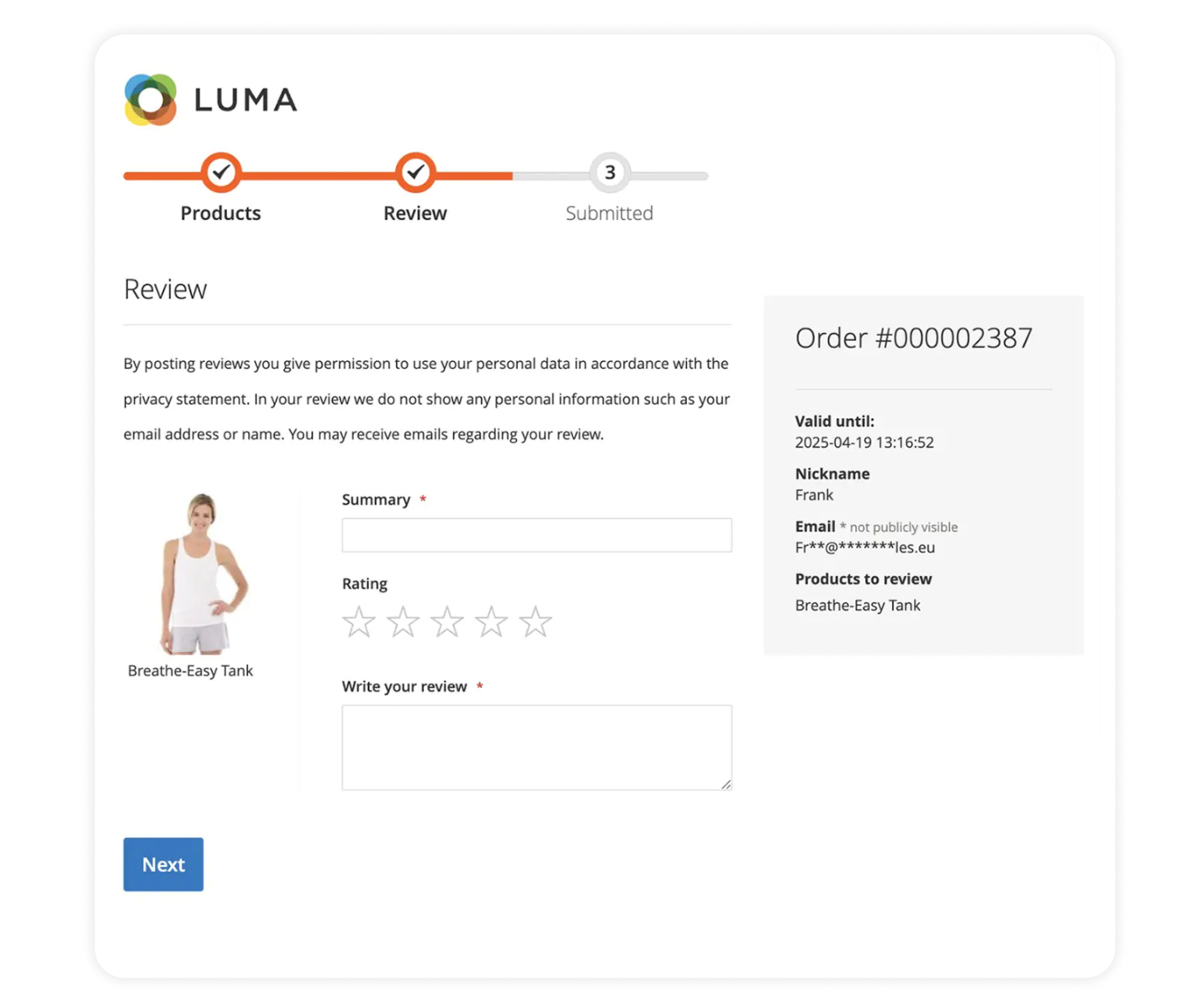 Magento 2 branded reviewformulier
