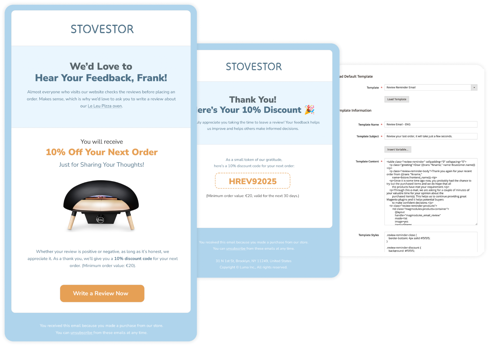 Magento 2 review reminder e-mailpreview met echte orderdata