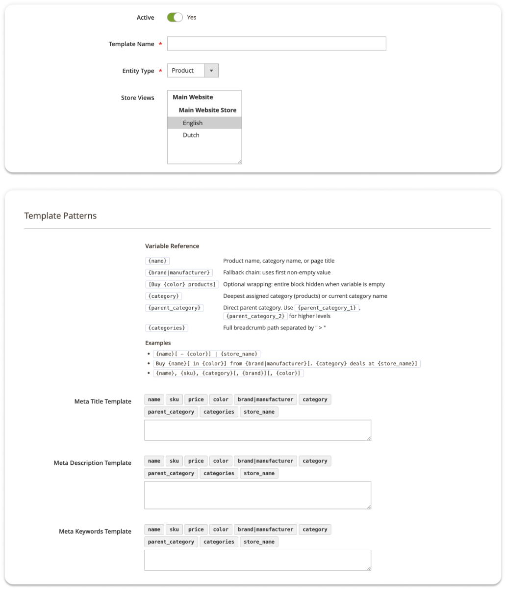 Magento 2 SEO Meta Templates admin-grid